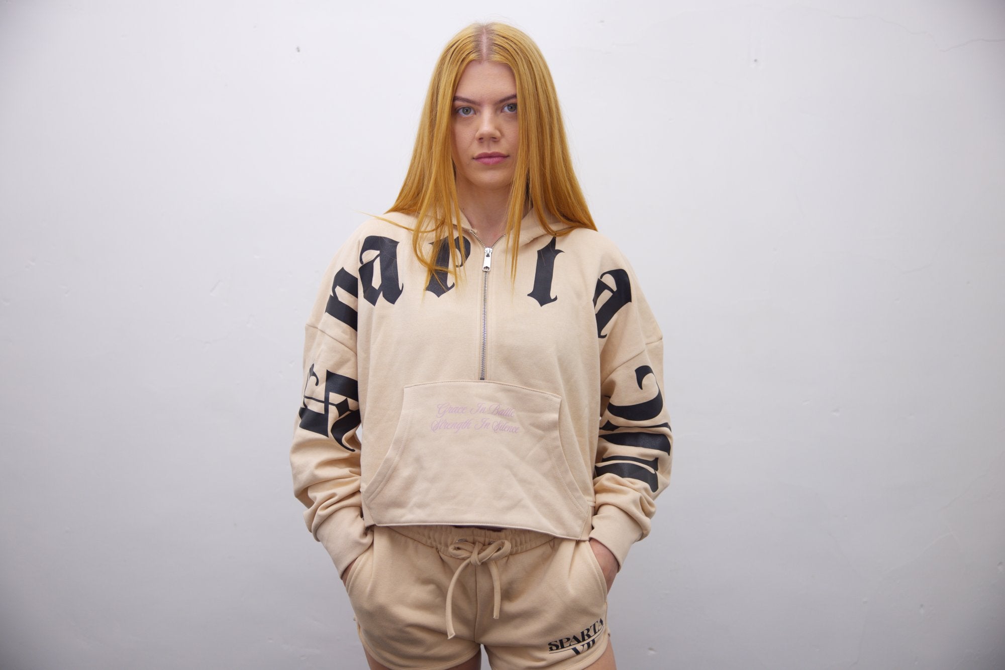 Half Zip Hoodie + Shorts - Beige/Black Cross Print