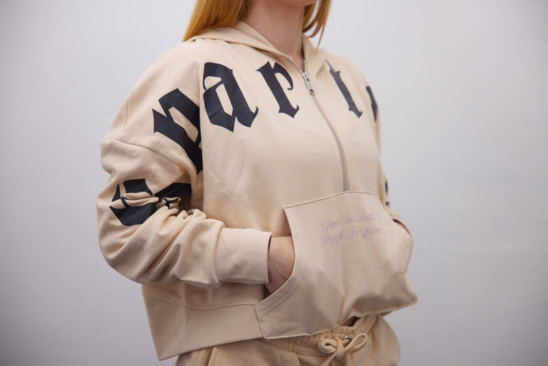 Half Zip Hoodie + Shorts - Beige/Black Cross Print - SpartaV11