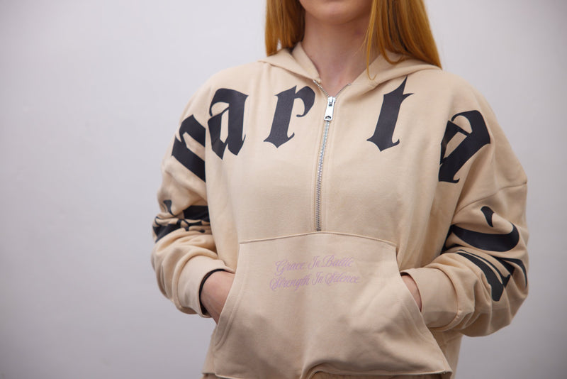 Half Zip Hoodie + Shorts - Beige/Black Cross Print - SpartaV11