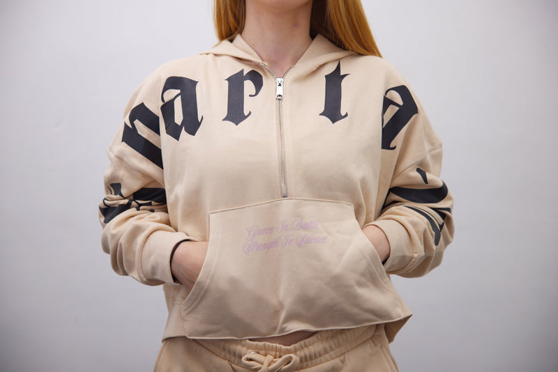 Half Zip Hoodie + Shorts - Beige/Black Cross Print - SpartaV11