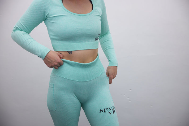 Long Sleeve Sports Top + High Waisted Sport Shorts - Mint/Black Embroidery – Set - SpartaV11
