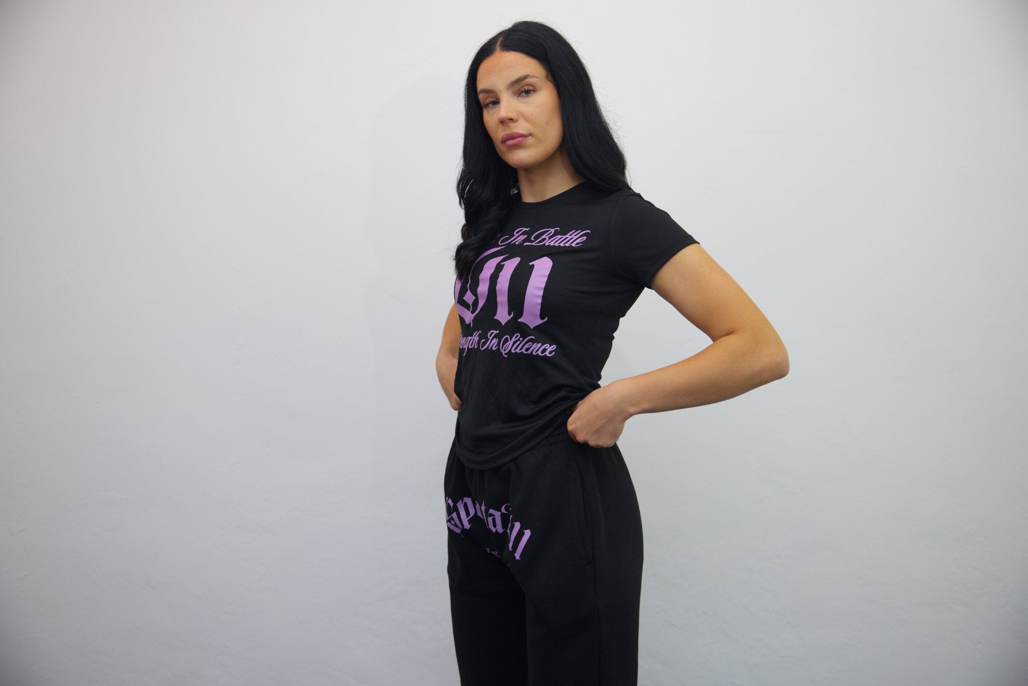 Black Tee-Shirt V11 Strength in Silence + Black Joggers Light Pink Sparta Print Set - SpartaV11