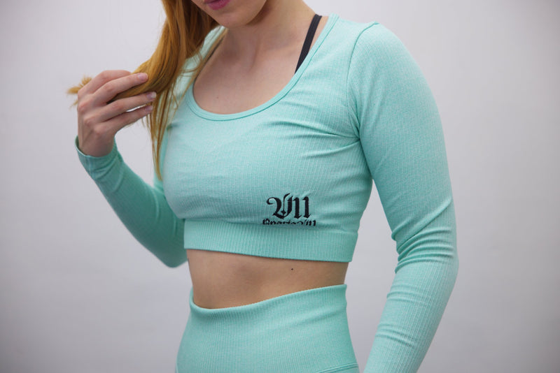 Long Sleeve Sports Top + High Waisted Sport Shorts - Mint/Black Embroidery – Set - SpartaV11