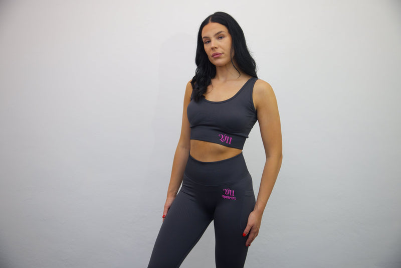 Longline Tank Sports Bra + Wrap High Waisted Legging - Black/Darker Pink Embroidery – Set - SpartaV11