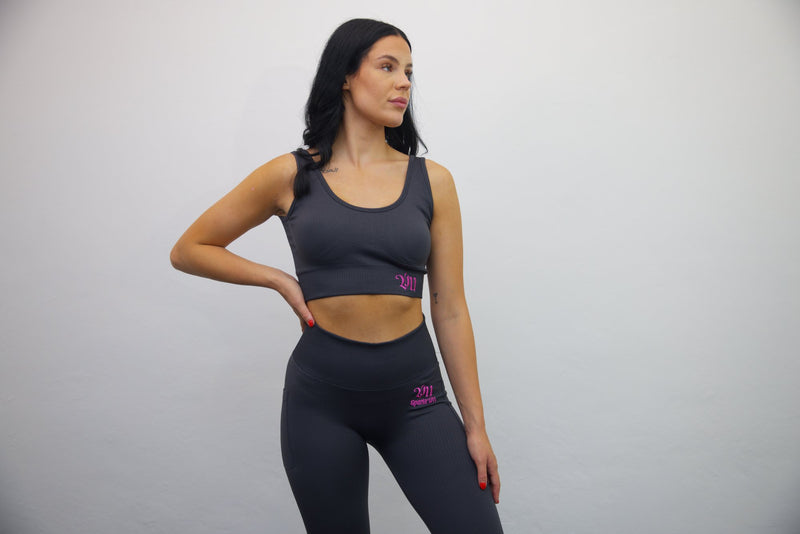 Longline Tank Sports Bra + Wrap High Waisted Legging - Black/Darker Pink Embroidery – Set - SpartaV11