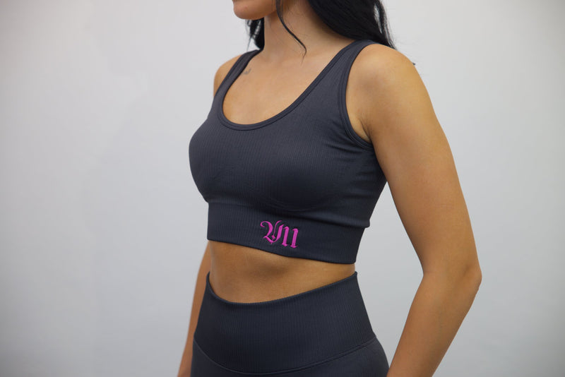 Longline Tank Sports Bra + Wrap High Waisted Legging - Black/Darker Pink Embroidery – Set - SpartaV11