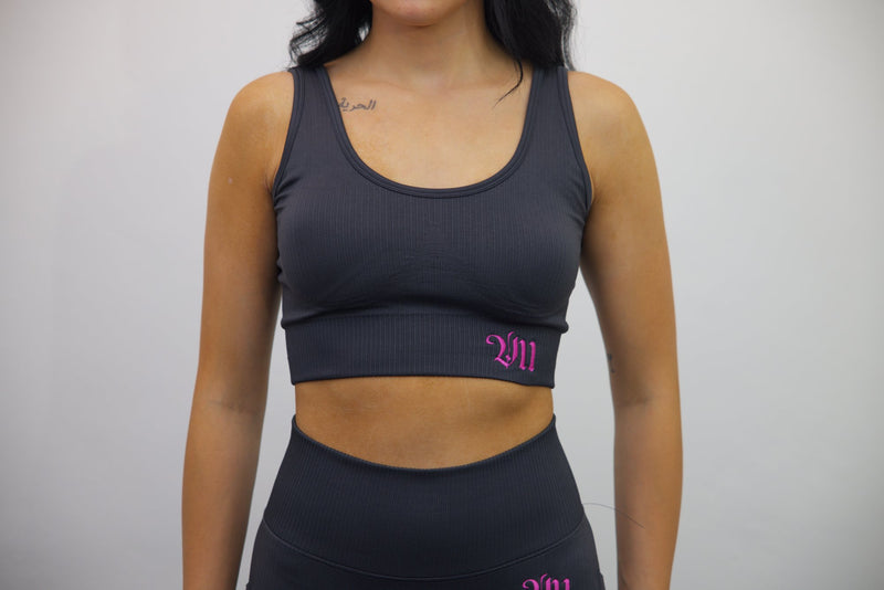 Longline Tank Sports Bra + Wrap High Waisted Legging - Black/Darker Pink Embroidery – Set - SpartaV11
