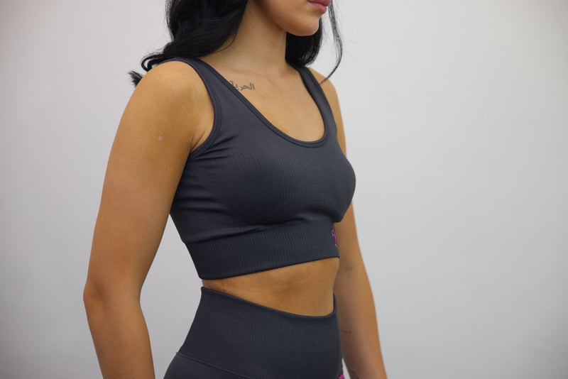 Longline Tank Sports Bra + Wrap High Waisted Legging - Black/Darker Pink Embroidery – Set - SpartaV11
