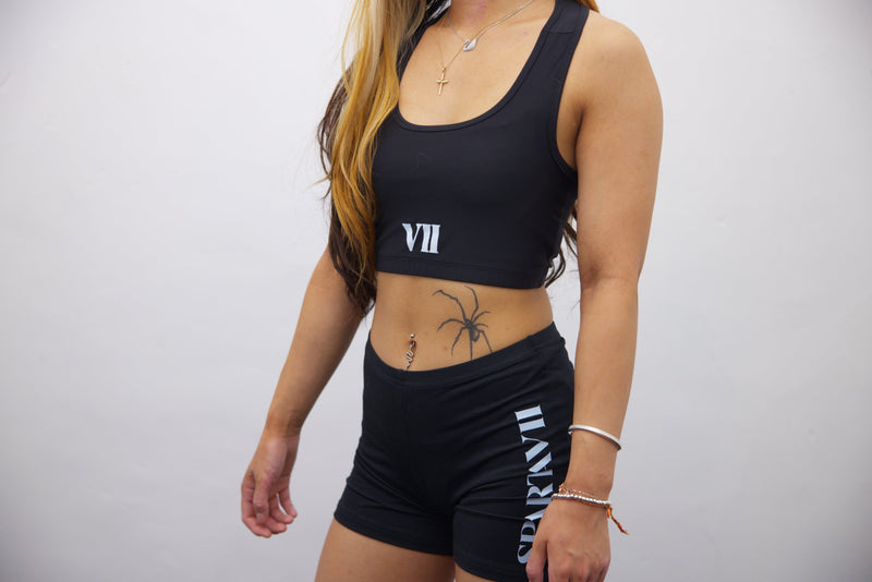 Black Longline Tank Sports Bra and Wrap High Waisted Sports Shorts - Black/White Print – Set - SpartaV11