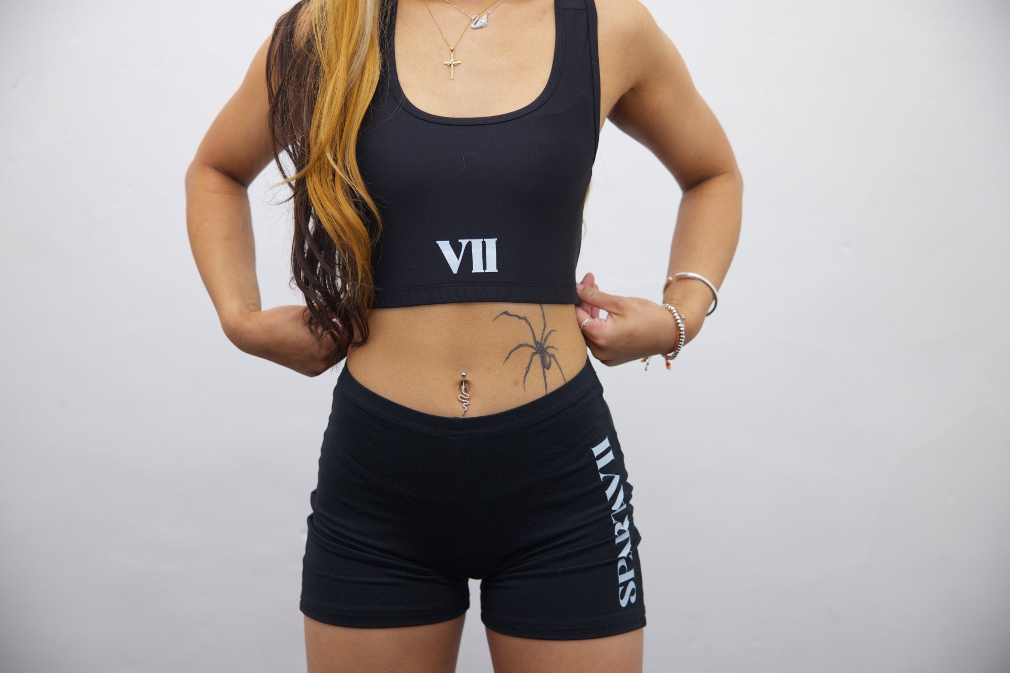 Black Longline Tank Sports Bra and Wrap High Waisted Sports Shorts - Black/White Print – Set