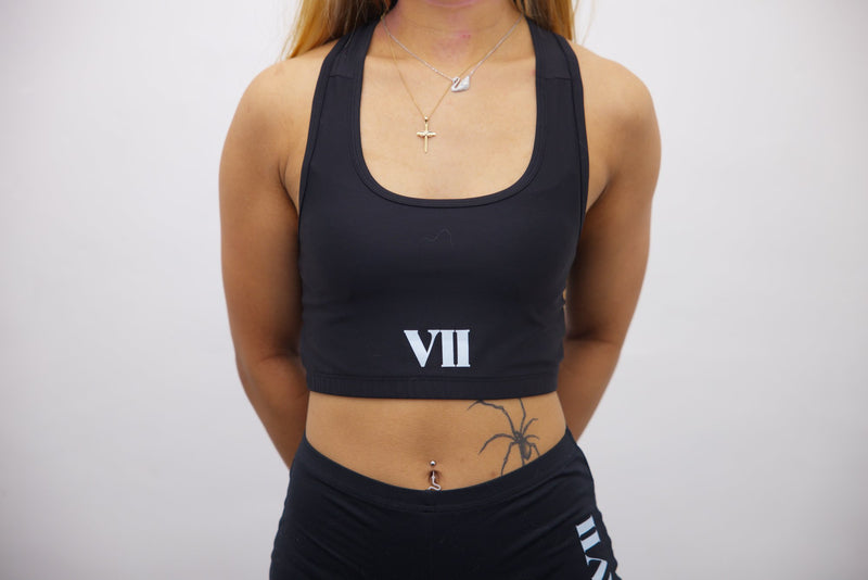 Black Longline Tank Sports Bra and Wrap High Waisted Sports Shorts - Black/White Print – Set - SpartaV11