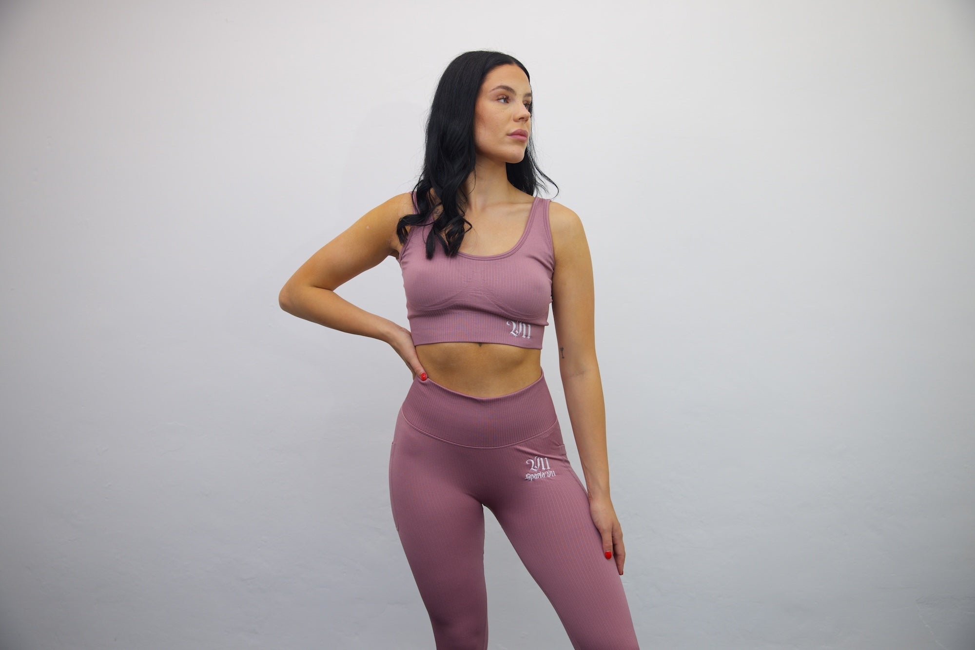 Longline Tank Sports Bra + Wrap High Waisted Legging - Mauve/White Embroidery – Set