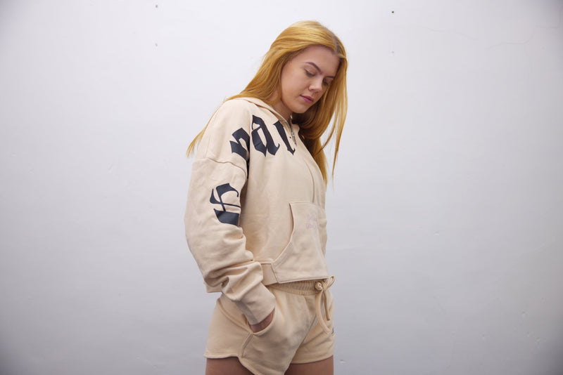 Half Zip Hoodie + Shorts - Beige/Black Cross Print - SpartaV11