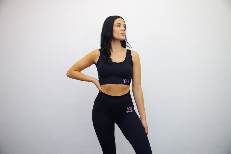 Longline Tank Sports Bra + Wrap High Waisted Legging - Black/Light Pink Embroidery – Set - SpartaV11