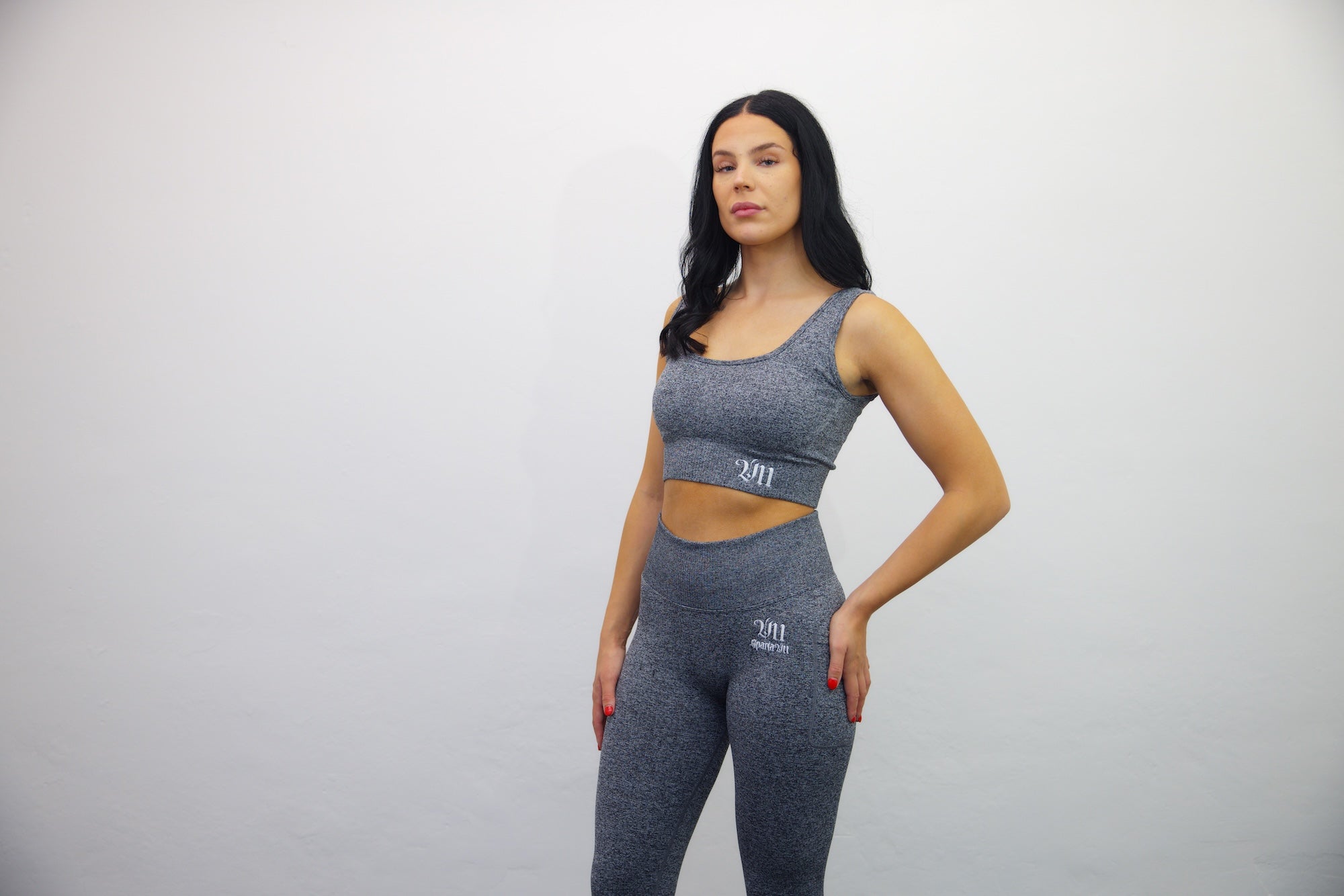 Longline Tank Sports Bra – Grey/White Embroidery