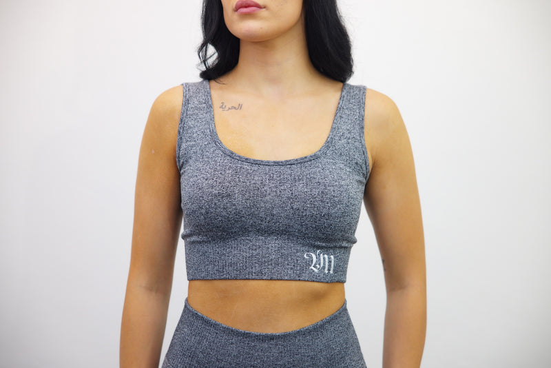 Longline Tank Sports Bra – Grey/White Embroidery - SpartaV11