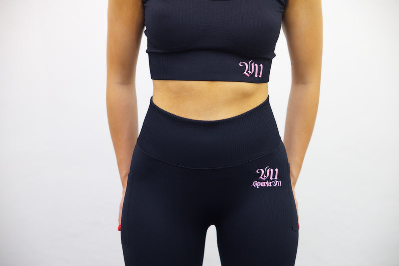 Longline Tank Sports Bra + Wrap High Waisted Legging - Black/Light Pink Embroidery – Set - SpartaV11