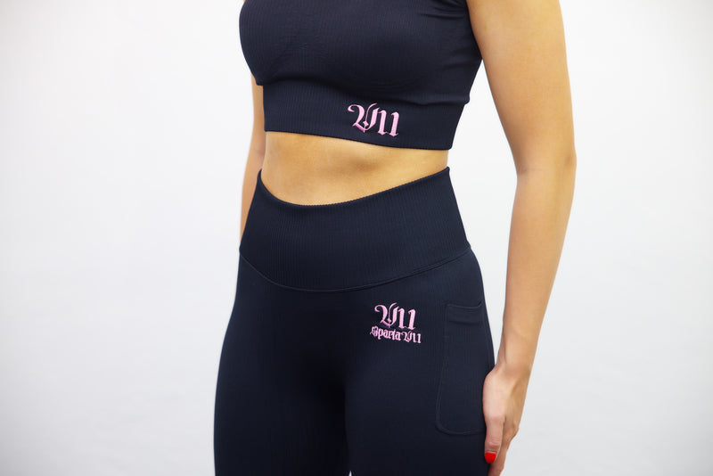 Wrap High Waisted Legging - Black/Light Pink Embroidery - SpartaV11