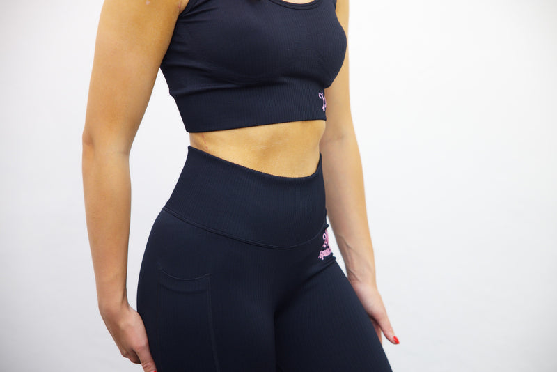 Wrap High Waisted Legging - Black/Light Pink Embroidery - SpartaV11