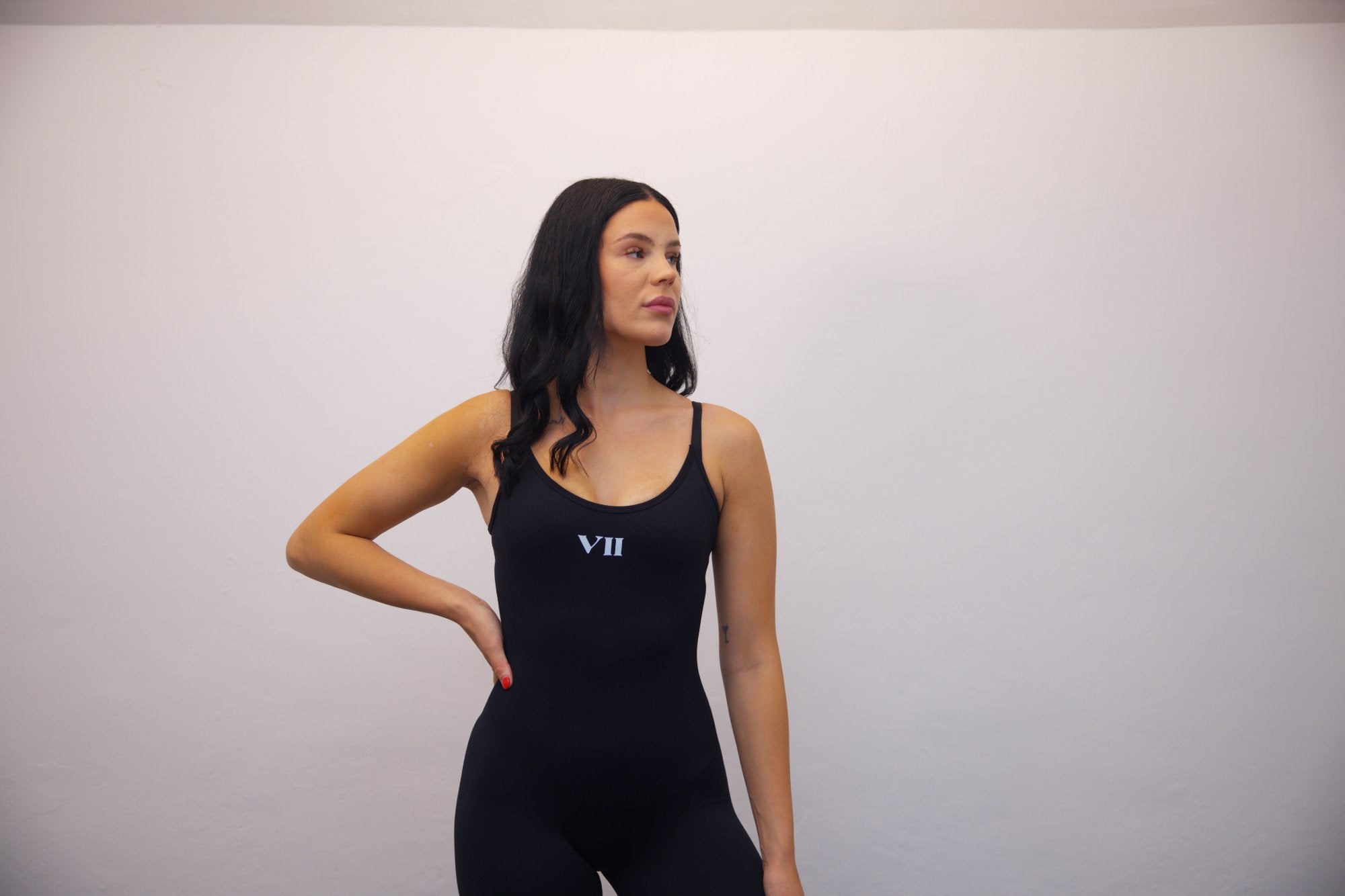 Black Sports One Piece Leotards With White V11 Print