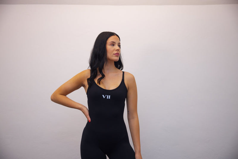 Black Sports One Piece Leotards With White V11 Print - SpartaV11