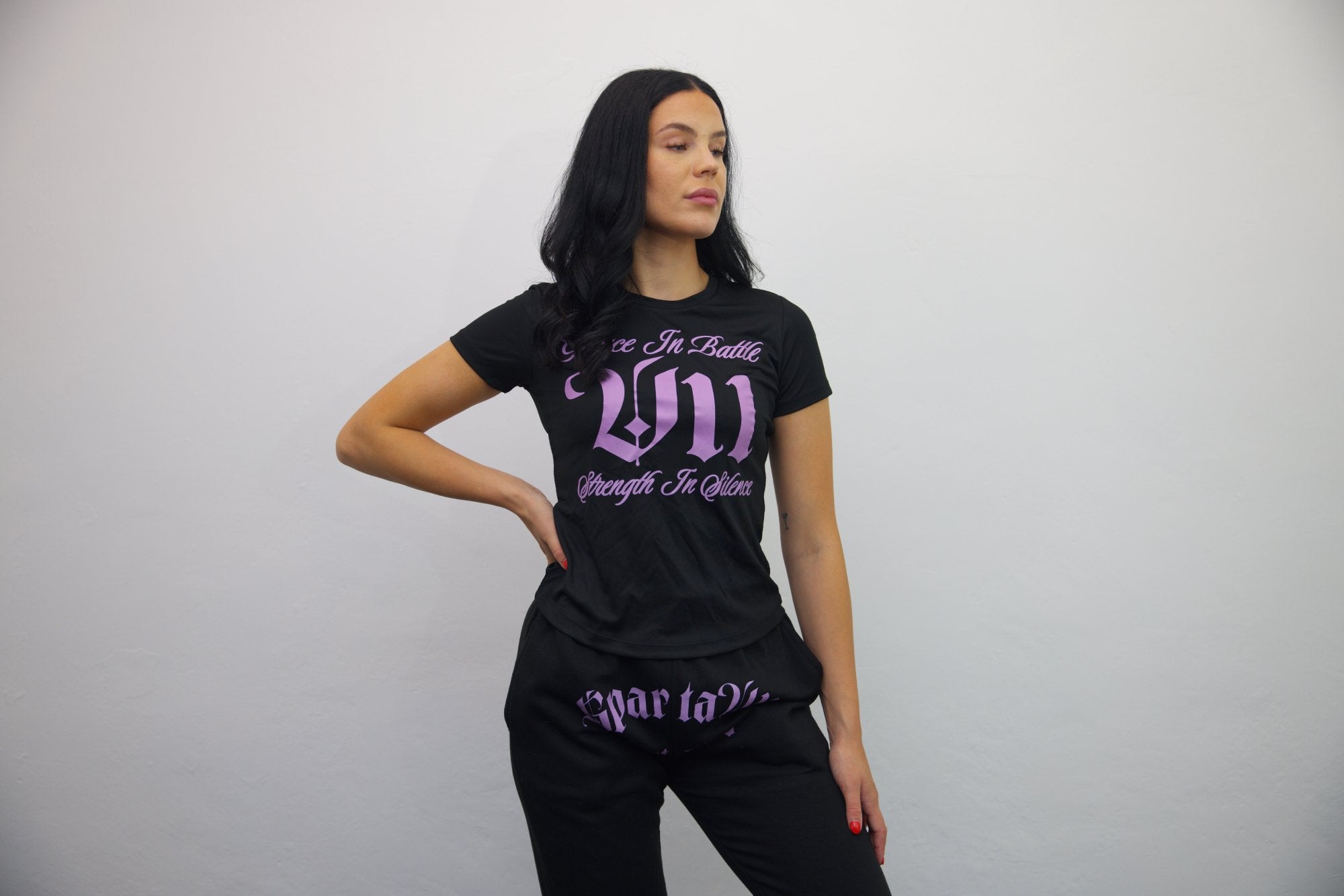 Black Tee-Shirt V11 Strength in Silence + Black Joggers Light Pink Sparta Print Set - SpartaV11
