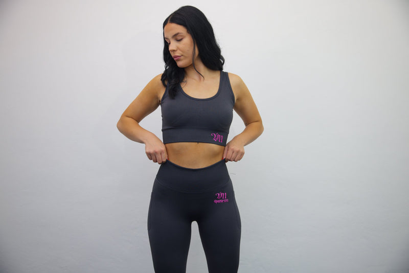 Longline Tank Sports Bra + Wrap High Waisted Legging - Black/Darker Pink Embroidery – Set - SpartaV11