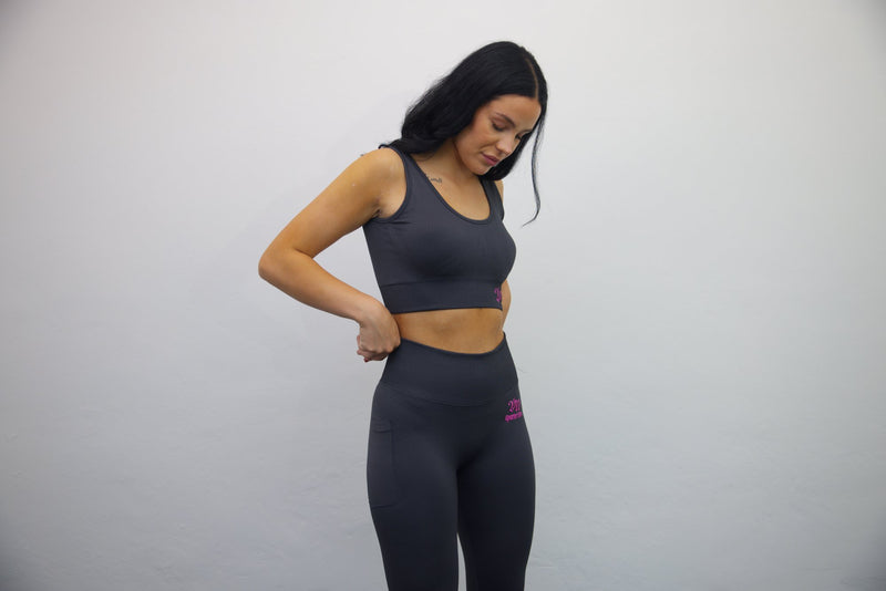 Longline Tank Sports Bra + Wrap High Waisted Legging - Black/Darker Pink Embroidery – Set - SpartaV11