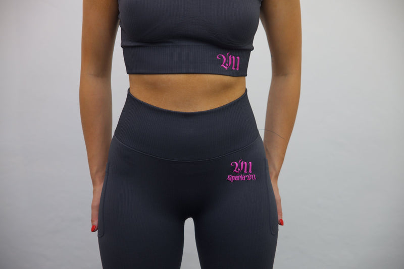 Longline Tank Sports Bra + Wrap High Waisted Legging - Black/Darker Pink Embroidery – Set - SpartaV11