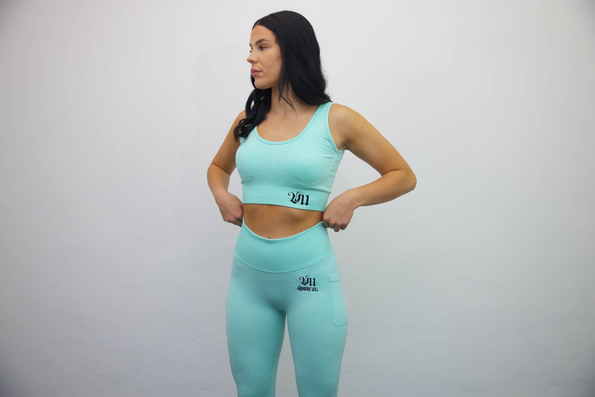 Wrap High Waisted Legging - Mint/Black Embroidery