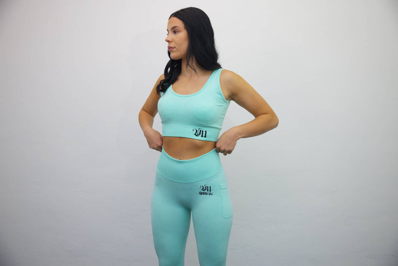 Longline Tank Sports Bra + Wrap High Waisted Legging - Mint/Black Embroidery – Set - SpartaV11