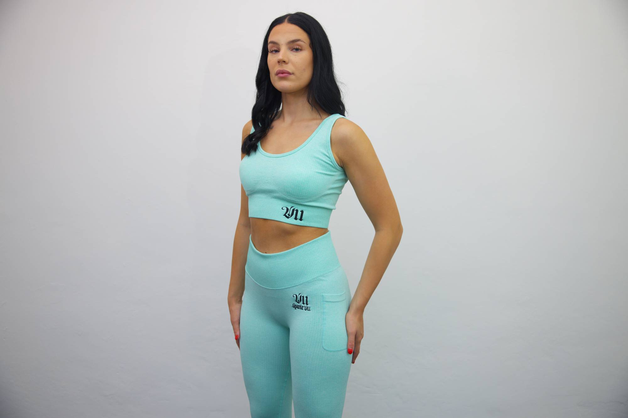 Wrap High Waisted Legging - Mint/Black Embroidery