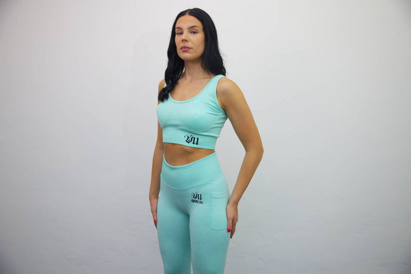 Longline Tank Sports Bra + Wrap High Waisted Legging - Mint/Black Embroidery – Set - SpartaV11