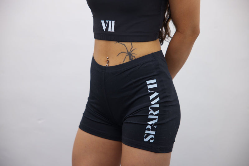 Black Longline Tank Sports Bra and Wrap High Waisted Sports Shorts - Black/White Print – Set - SpartaV11