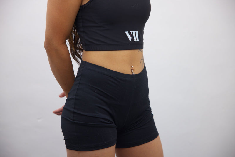 Black Longline Tank Sports Bra and Wrap High Waisted Sports Shorts - Black/White Print – Set - SpartaV11