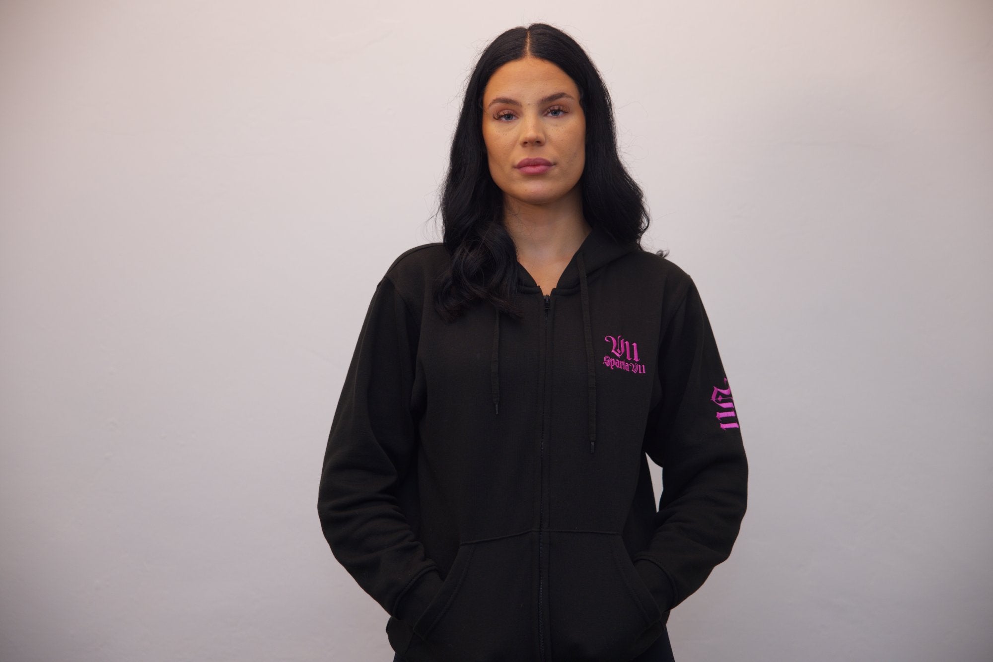 Black Zip Hoodie with Dark Pink Embroidery