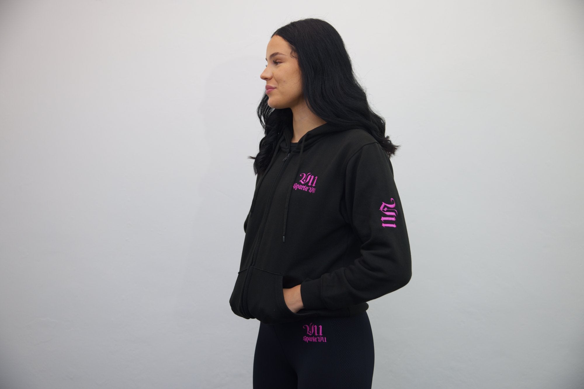 Black Zip Hoodie with Dark Pink Embroidery
