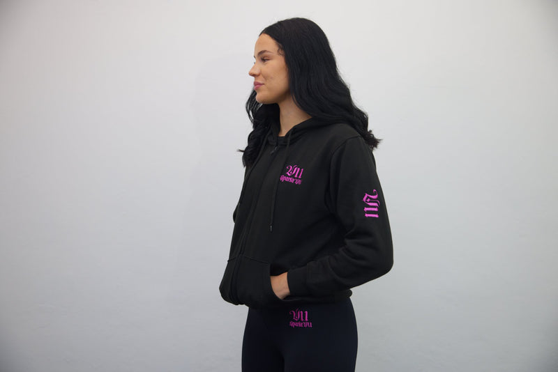 Black Zip Hoodie with Dark Pink Embroidery - SpartaV11