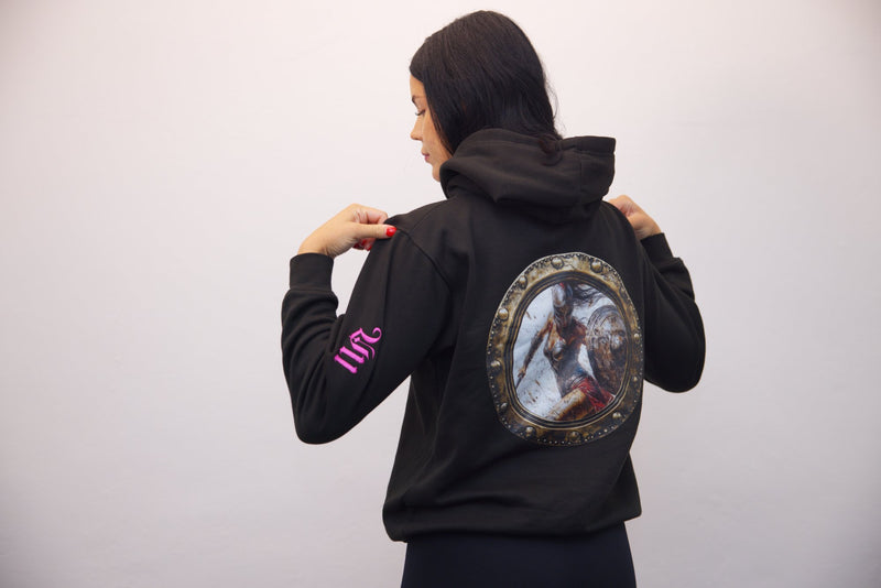 Black Zip Hoodie with Dark Pink Embroidery - SpartaV11